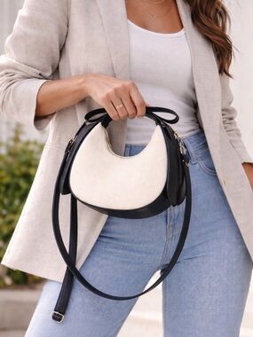 Two-Tone Crescent Bow Tie Crossbody HandBag — Black & Cream